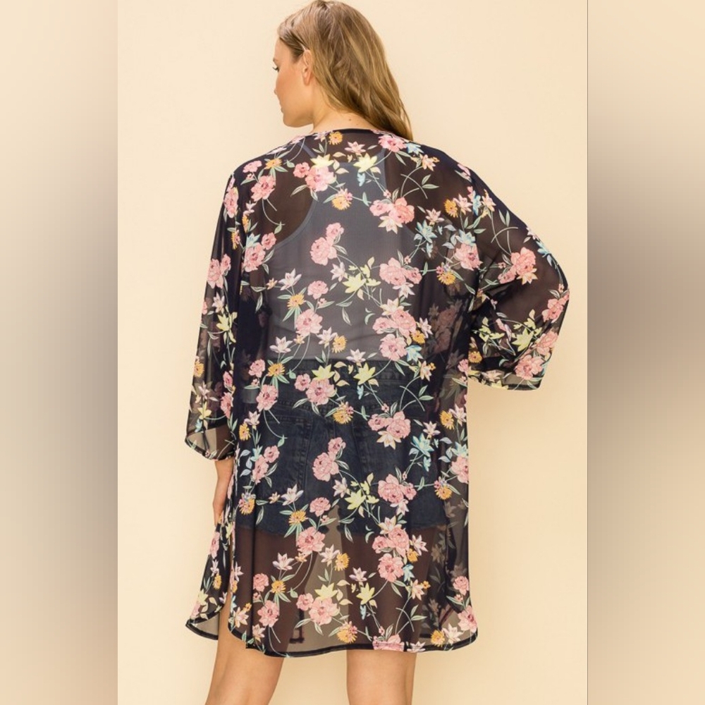 Boutique boho sheer floral kimono in navy with pink flowers - Picture 6 of 7